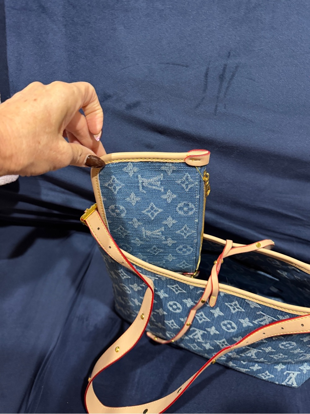 Blue Monogram Denim Shoulder Bag with Beige Trim - Picture 6 of 7